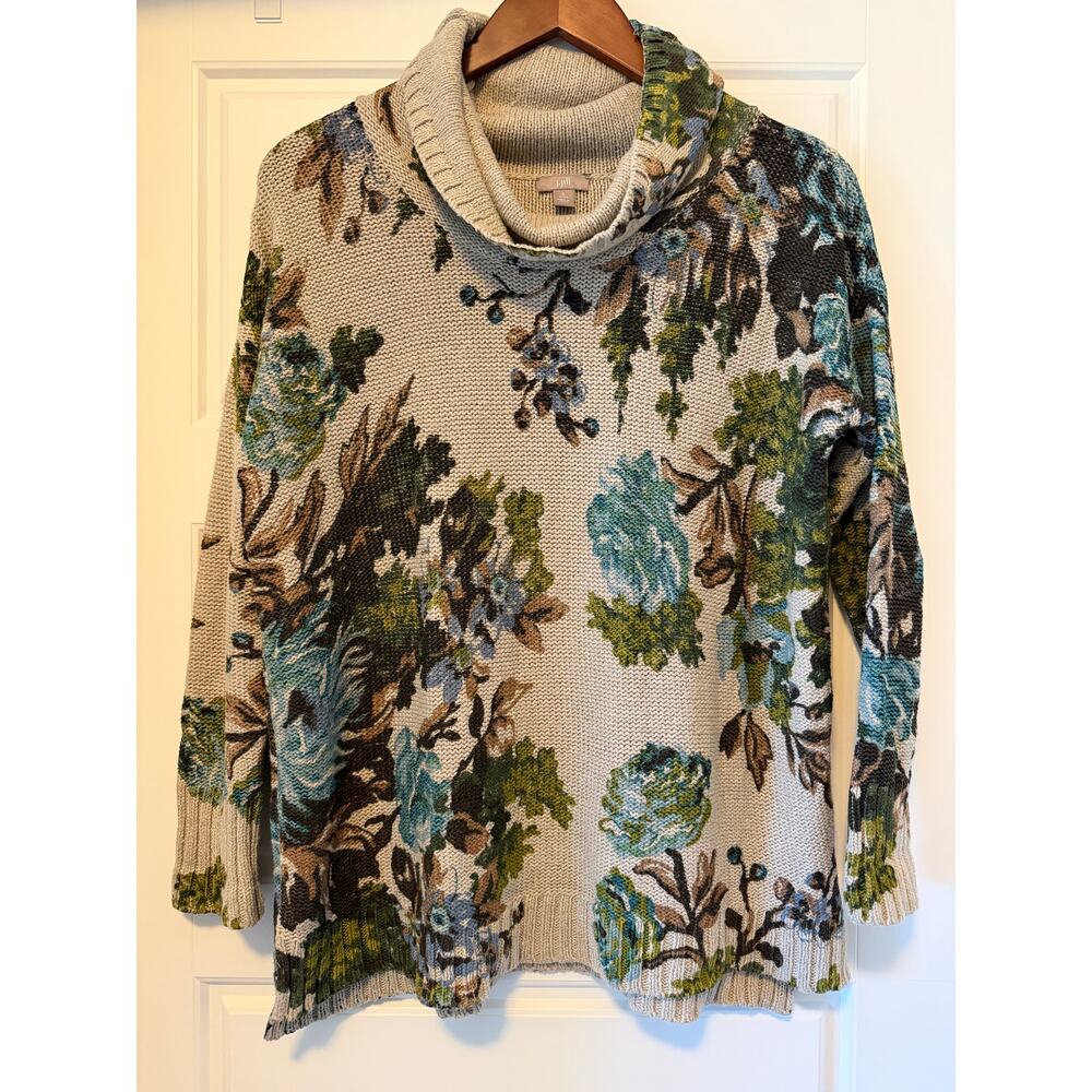 J Jill Floral Blue Green Beige Chunky Knit Sweater Cottage Casual, Women Size S